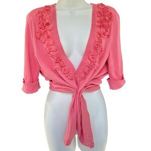RARE - NY&C Romantic Pinup Roses Appliqué Pink Floral Knit 3/4 Sleeve Cardigan